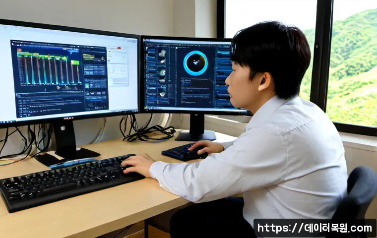 원지동 SOFTWARE_EXCEPTION - Photorealistic IT support workstation in a quiet Wonji-dong office near low wooded hills, dual monit...