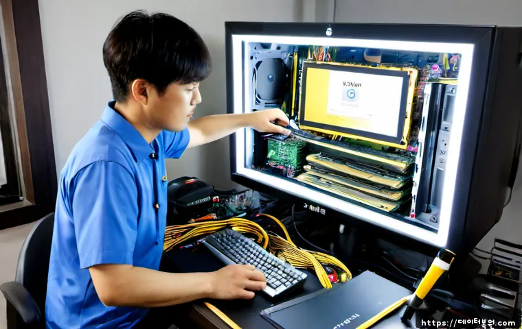 필동 그래픽카드조립 및 교체수리 - Photorealistic computer repair workstation in Pil-dong, Seoul, technician carefully installing a pow...