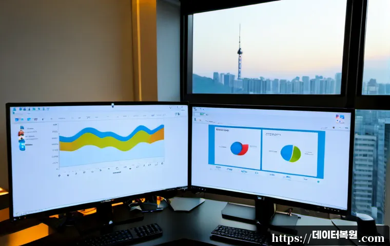 세곡동 MEMORY_MANAGEMENT - Photorealistic remote-support workstation in a modern Segok-dong apartment office, dual monitors dis...