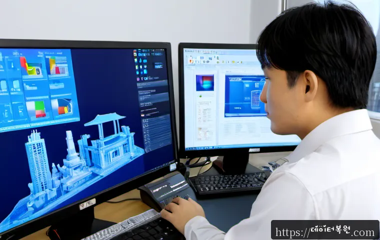 일원동 블루스크린 - Photorealistic IT support workstation in a compact Ilwon-dong office, desktop monitor frozen on a pl...
