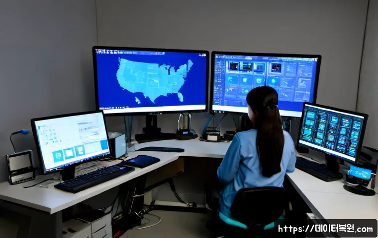 재동 STATUS_KERNEL_DATA_CORRUPTION - Photorealistic IT support workstation in a compact Gangnam office, dual monitors showing a non-reada...
