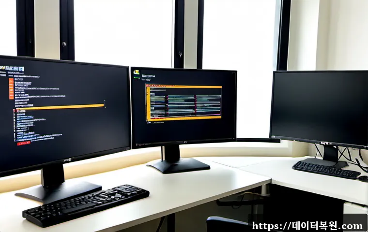 화양동 STATUS_INVALID_PAGE - Photorealistic compact IT support workstation in a modern Huayang-dong apartment office, dual monito...