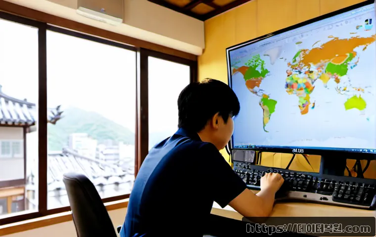 원서동 NDIS_INTERNAL_ERROR - Photorealistic IT support workstation in a quiet traditional Seoul neighborhood office, ultrawide mo...