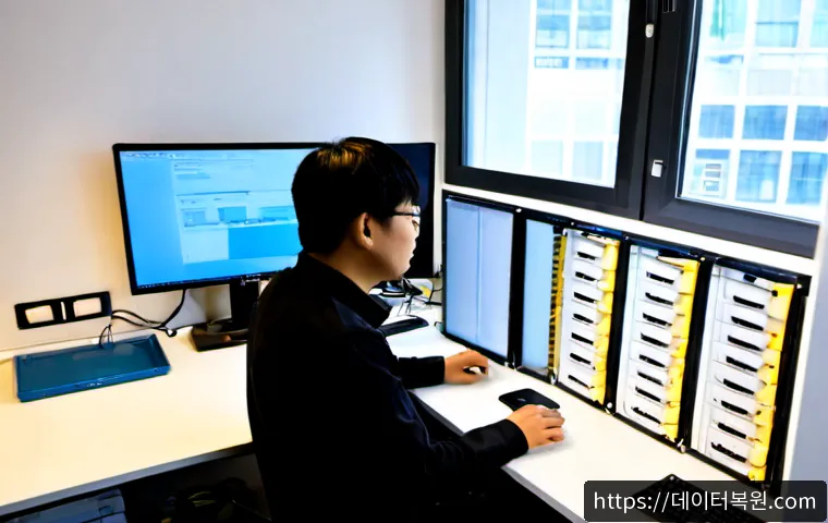 마포구 파일서버출장방문수리점 - Photorealistic IT technician performing on-site file server repair in a compact Mapo office, open ra...