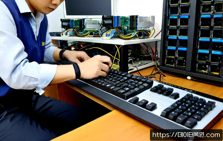 용산동 메모리조립 및 교체수리 - Photorealistic computer repair workstation in a compact Yongsan-dong electronics workshop, technicia...