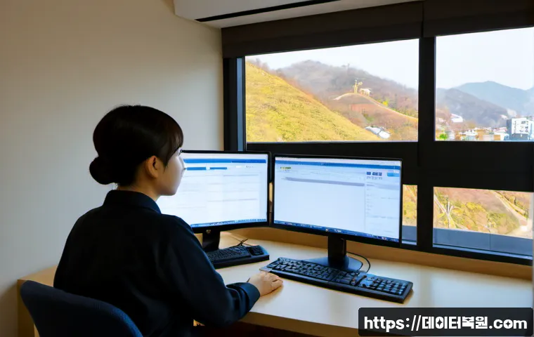 남현동 STATUS_FILE_IN_USE - Photorealistic remote-support workstation in a compact Namhyeon-dong apartment office, dual monitors...