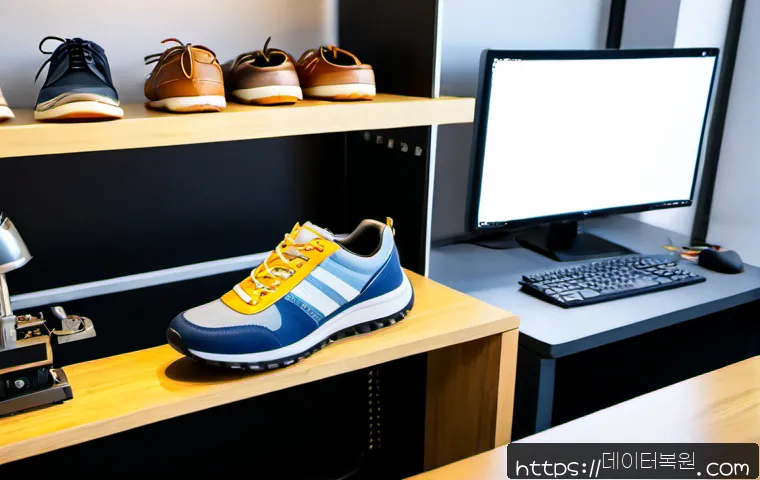 창신동 STATUS_IMAGE_ACCESS_DENIED - Photorealistic compact footwear design studio in Changsin-dong, Seoul, artisan using a large monitor...