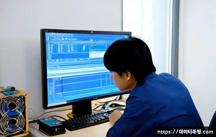 장위동 SYSTEM_THREAD_EXCEPTION_NOT_HANDLED - Photorealistic IT support workstation in a compact Jangwi-dong apartment office, desktop monitor sho...