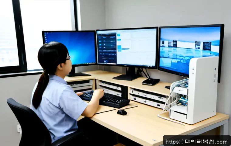 가학동 케이블연결확인 - Photorealistic IT support workstation in a compact Korean office, technician checking Ethernet and p...