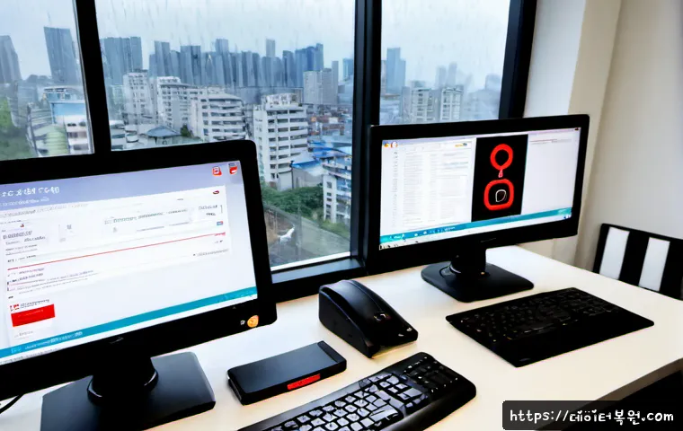 마포동 STATUS_KERNEL_PERMISSION_DENIED - Photorealistic IT support workstation in Mapo-dong, Seoul, dual monitors displaying a clean abstract...