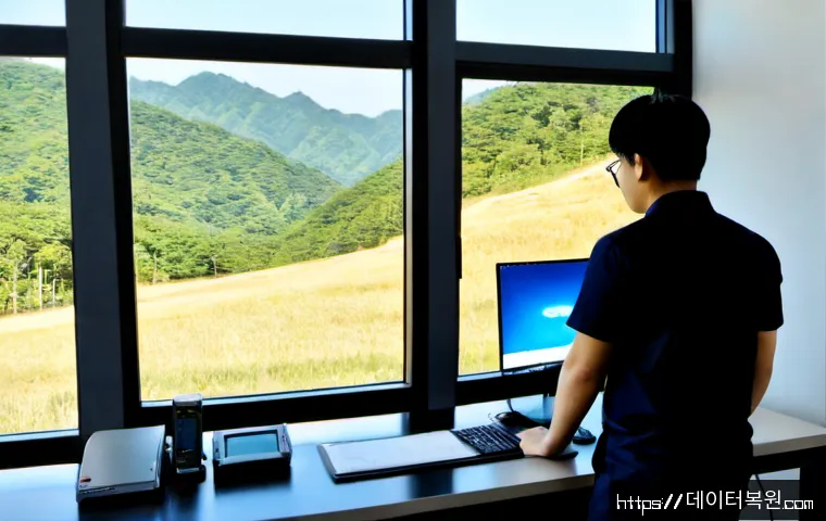 곤지암 KERNEL_SECURITY_CHECK_FAILURE - Photorealistic IT support workstation in a modern Gonjiam industrial office, dual monitors showing a...