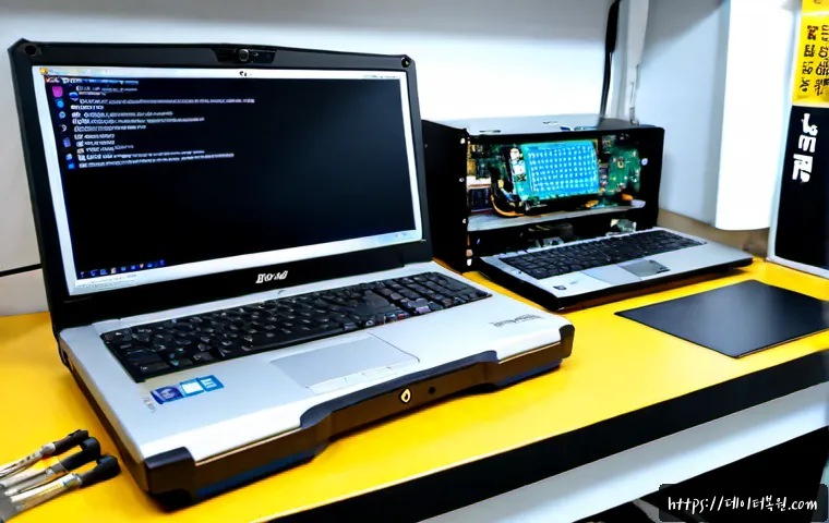 청파동 맥북프로 판매 및 수리 - Photorealistic computer repair bench in a compact Cheongpa-dong electronics shop, premium aluminum l...