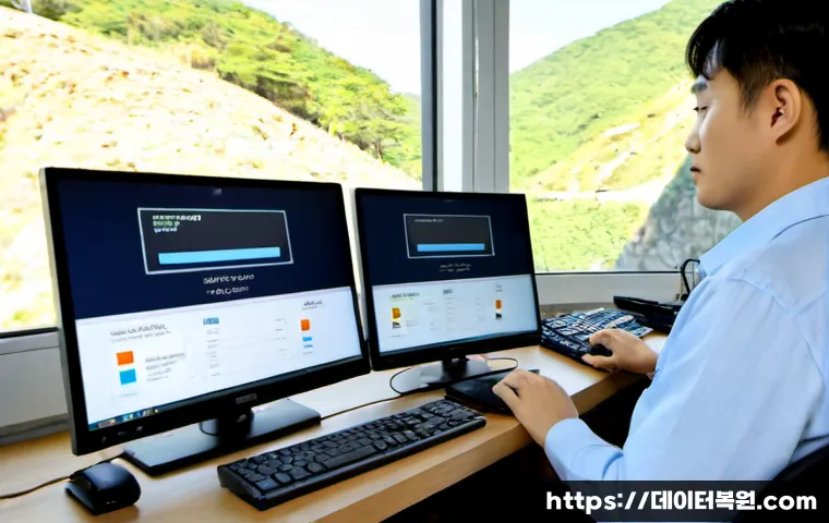 홍은동 STATUS_INVALID_DEVICE_REQUEST - Photorealistic remote IT support workstation in a compact hillside apartment, dual monitors displayi...