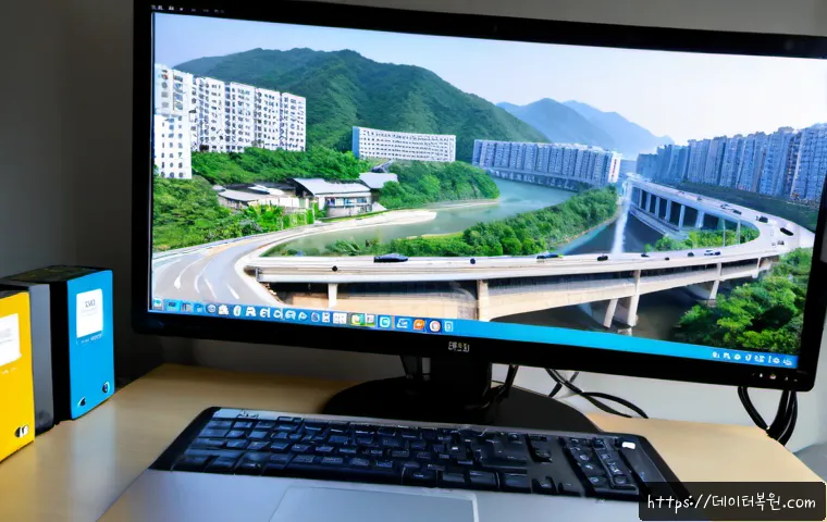 옥수동 STATUS_DISK_CORRUPTION - Photorealistic IT support workstation in an Oksu-dong apartment office, dual monitors showing a clea...