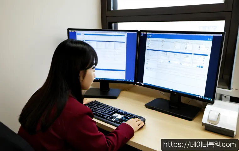 제기동 STATUS_FILE_IN_USE - Photorealistic remote-support workstation in a compact Jegi-dong office, desktop monitor showing a c...