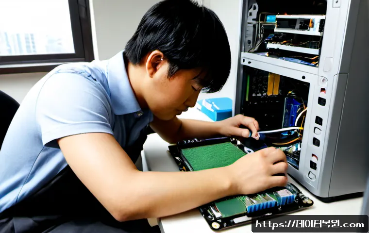 동작구 오버클럭 뚜따 - Photorealistic PC repair workstation in a compact Dongjak-gu apartment office, technician carefully ...