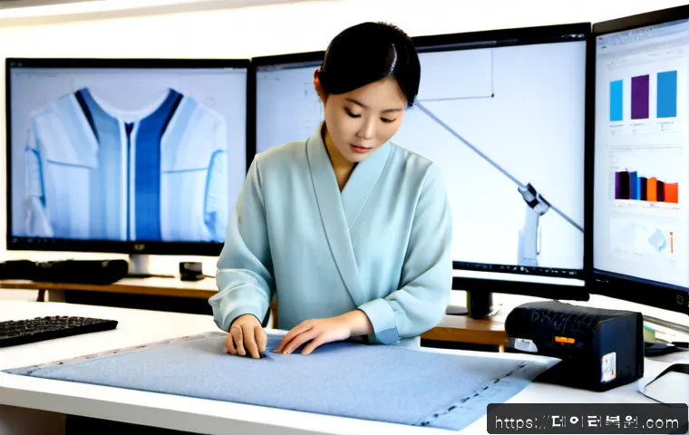 동대문 STATUS_IO_ERROR - Photorealistic IT support workstation in a Dongdaemun fashion studio, designer reviewing a frozen ga...