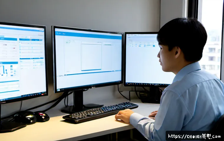 노온사동 SESSION_HAS_VALID_VIEWS_ON_EXIT - Photorealistic IT support workstation in a compact Noonsadong office, dual monitors displaying a cle...