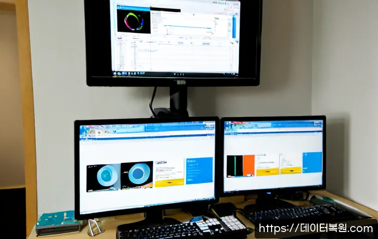 회기동 STATUS_SYSTEM_FILE_MISSING - Photorealistic remote-support workstation in a compact Hoegi-dong apartment office, dual monitors sh...