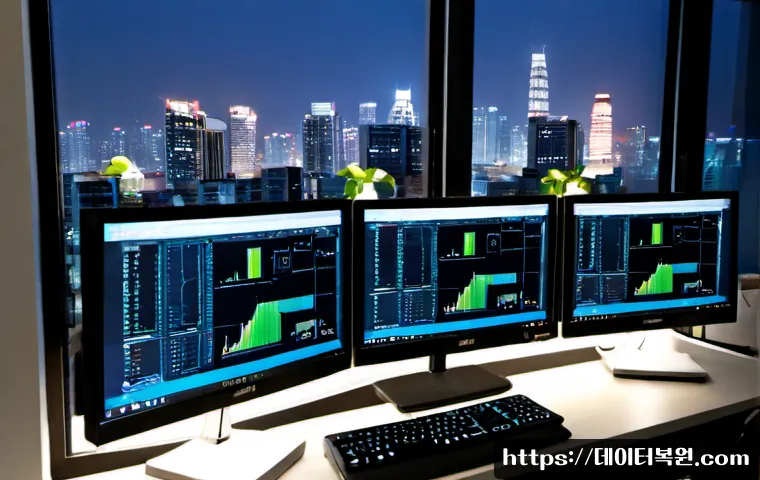 신계동 STATUS_KERNEL_LOG_FAILURE - Photorealistic IT operations workstation in a compact Korean business district office, dual monitors...
