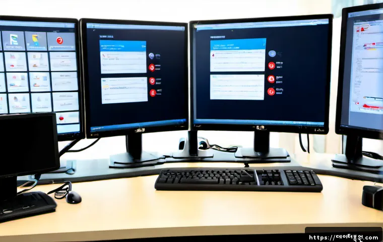 대장동 STATUS_MEMORY_ACCESS_DENIED - Photorealistic IT support workstation in a modern Pangyo-style office, dual monitors showing abstrac...