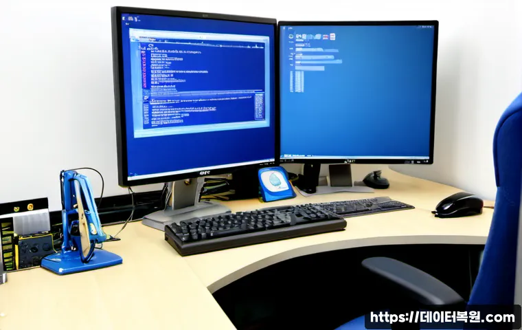 도화동 PFN_LIST_CORRUPT - Photorealistic IT support workstation in a compact Dohwa-dong office, desktop monitor showing a gene...