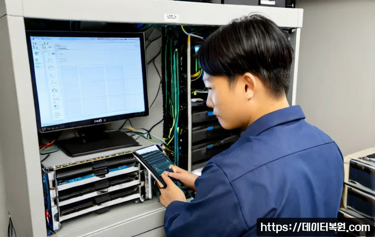 일산서구 server출장방문수리점 - Photorealistic server technician performing an on-site repair in a compact office near a lakeside re...