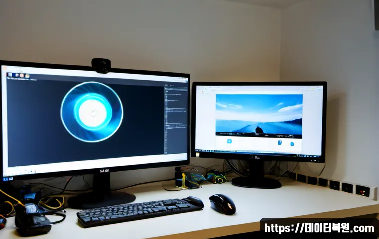 묵동 STATUS_DISK_CORRUPTION - Photorealistic IT support workstation in a compact Muk-dong apartment office, dual monitors showing ...