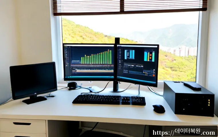 서원동 STATUS_INVALID_DISPOSITION - Photorealistic remote-support workstation in a compact Seoul residential office, dual monitors showi...