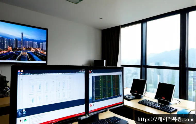 소하동 STATUS_SYSTEM_LICENSE_INVALID - Photorealistic software workstation in a Soha-dong apartment office, dual monitors displaying a deta...