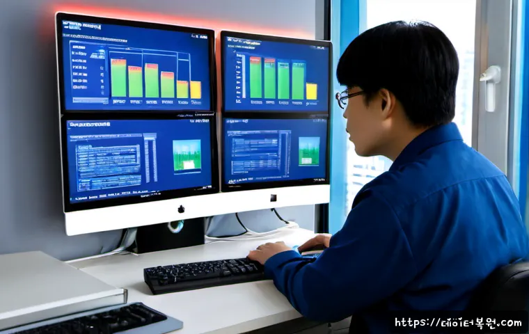 철산동 STATUS_KERNEL_LOG_FAILURE - Photorealistic IT support workstation in a modern office near a Korean apartment district, dual moni...