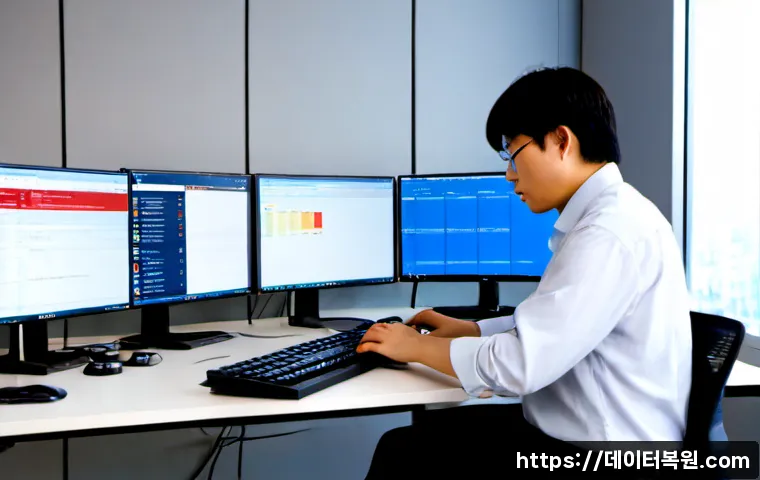 당주동 STATUS_MODULE_ACCESS_DENIED - Photorealistic IT support workstation in a modern downtown office, dual monitors showing a generic s...