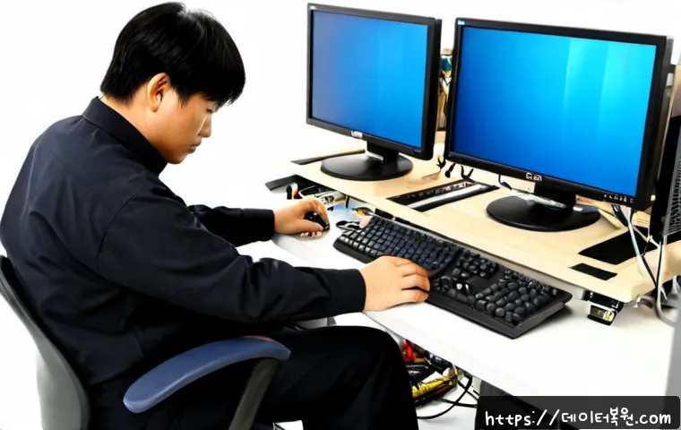 예지동 입력신호가 없습니다 - Photorealistic IT support workstation in an older Seoul electronics-repair district, dual monitors w...