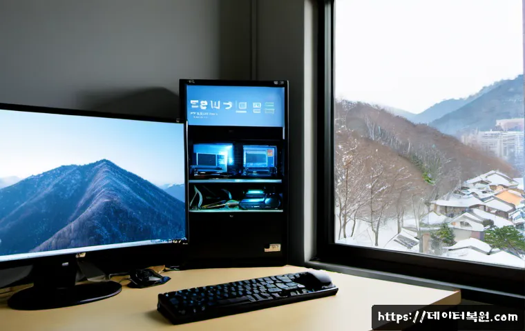 홍은동 STATUS_IO_TIMEOUT - Photorealistic IT support workstation in a quiet hillside Seoul neighborhood office, desktop monitor...