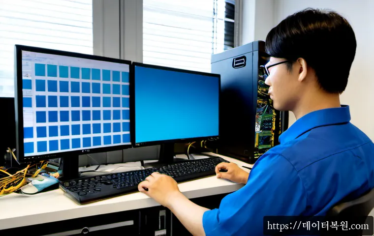 오쇠동 NAS출장방문수리점 - Photorealistic IT technician performing an onsite NAS repair in a compact office near an industrial ...