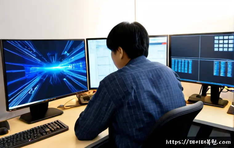 원남동 PAGE_FAULT_IN_NONPAGED_AREA - Photorealistic IT support workstation in a compact Wonam-dong office, dual monitors showing an abstr...