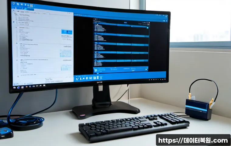 옥천동 FAT32_FILE_SYSTEM - Photorealistic IT support workstation in a compact apartment office, ultrawide monitor showing a cle...