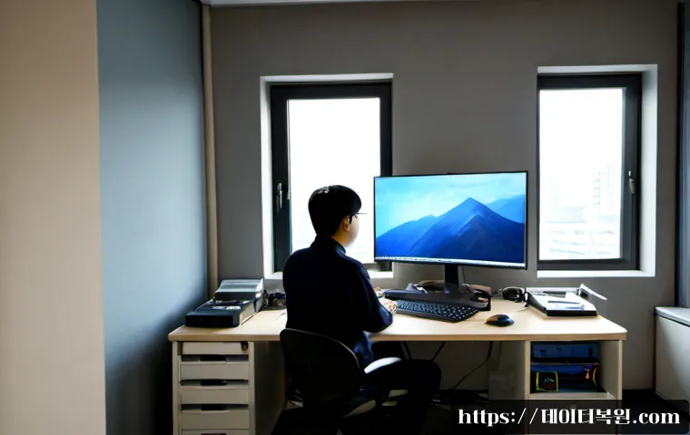 성석동 STATUS_KERNEL_BOOT_DRIVE_ERROR - Photorealistic IT support workstation in a quiet Seongseok-dong office, technician examining an open...
