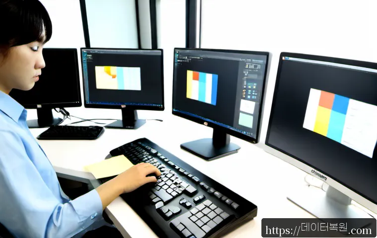 신원동 STATUS_IMAGE_CHECKSUM_MISMATCH - Photorealistic IT support workstation in a compact Sinwon-dong apartment office, dual monitors showi...