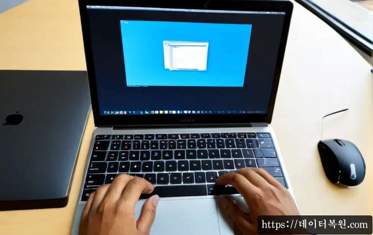 수궁동 맥윈도우 부트캠프_bootcamp 재설치 포맷  초기화 - Photorealistic Mac workstation during a dual-boot system reset, slim aluminum laptop connected to a ...