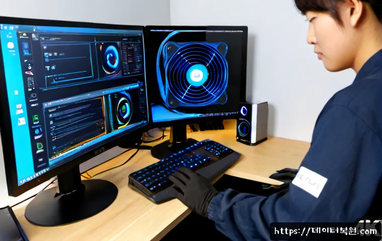 직동 본체 꺼졌다 켜졌다 할때 - Photorealistic desktop support scene in a compact home office, a black PC tower cycling power with c...