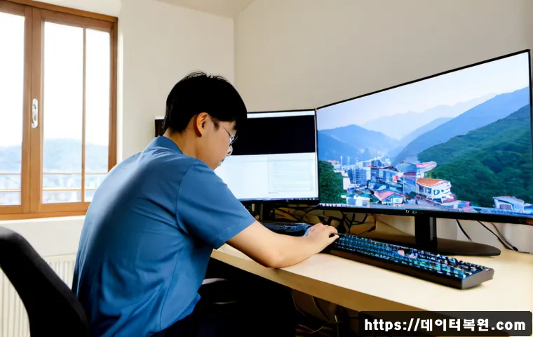 행촌동 linux재설치 포맷  초기화 - Photorealistic remote IT support workstation in a compact Seoul hillside apartment, technician caref...
