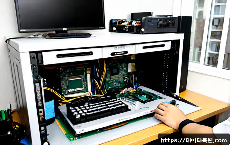 염창동 메모리조립 및 교체수리 - Photorealistic PC repair workstation in a compact Yeomchang-dong office, technician wearing anti-sta...