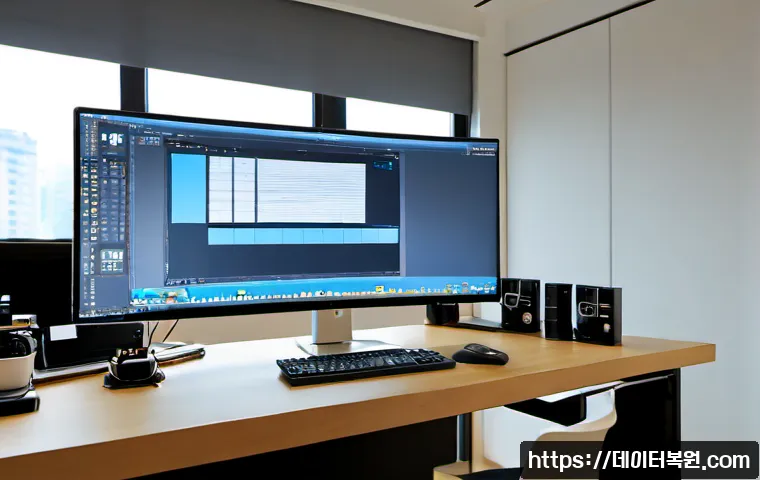 신공덕동 절전모드 - Photorealistic compact workstation in a modern Mapo district office, ultrawide monitor dimmed in pow...