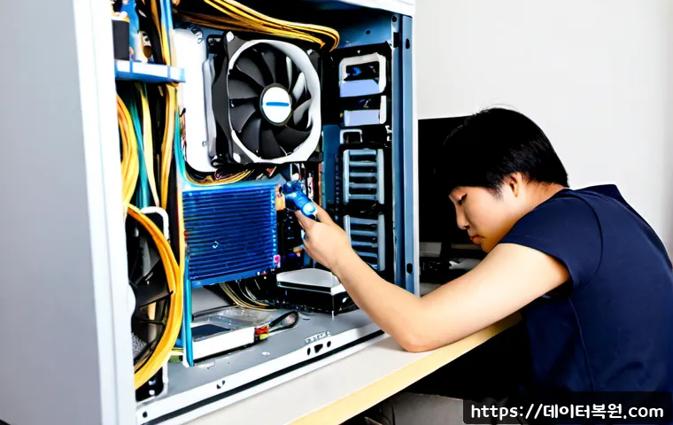 신이문동 쿨러조립 및 교체수리 - Photorealistic desktop PC repair workstation in Sinimun-dong, technician carefully installing a towe...