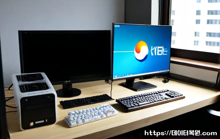 하계동 컴퓨터멈춤 - Photorealistic IT support scene in a compact Haegye-dong apartment workspace, frozen desktop compute...