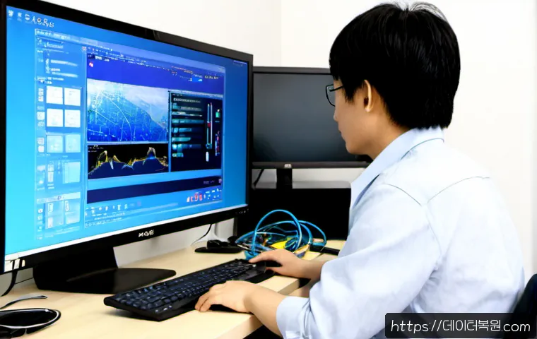 휘경동 STATUS_KERNEL_SECURITY_CHECK - Photorealistic IT support workstation in a compact apartment office near a dense Seoul residential d...