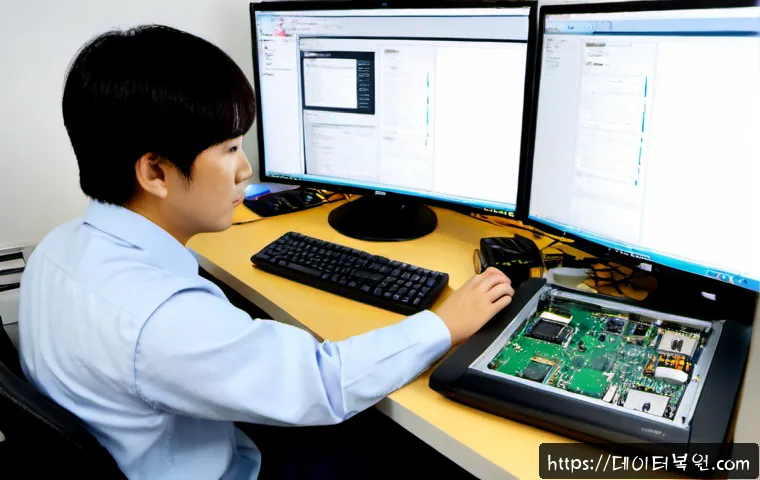 묘동 공장초기화복구 - Photorealistic computer recovery workstation in a compact Myo-dong electronics repair office, techni...