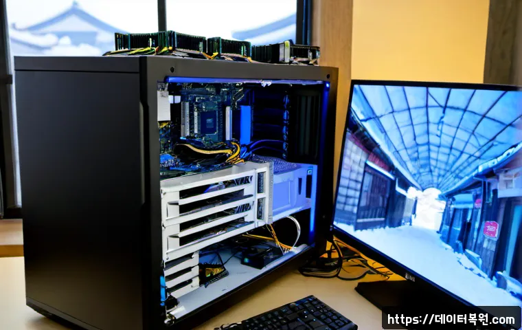 제기동 NMI_HARDWARE_FAILURE - Photorealistic PC repair workstation in Jegi-dong, Seoul, with an open desktop tower, exposed mother...