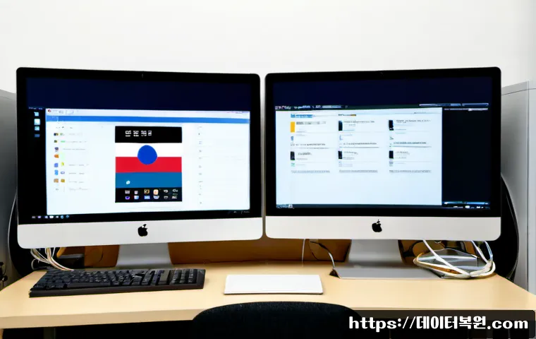 혜화동 STATUS_SESSION_TIMEOUT - Photorealistic IT support workstation in a compact Hyehwa-dong office, dual monitors showing a gener...
